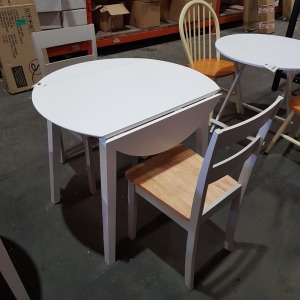 1 X BRAND NEW WHITE DROP LEAF WOODEN EXTENDABLE TABLE SET WITH TWO CHAIRS - 90CM DIAMETER - HEIGHT 75CM