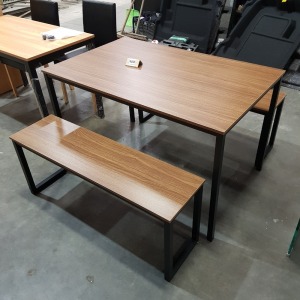 1 X BRAND NEW VINYL KITCHEN TABLE SET WITH 2 BENCHES (L 122 CM X W 76 CM X H 74 CM ) - TABLE (L 112 CM X W 30.5 CM X H 45.5 CM ) - BENCHES - SOME SMALL SCUFFS ON TABLE