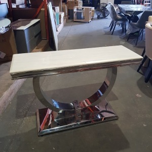 1 X BRAND NEW CURVED CHROME BASE - MARBLE TOP CONSOLE TABLE ( L 120 CM W 40 CM H 75 CM ) PLEASE NOTE THIS HAS CRACK ON THE MARBLE IN MIDDLE OF TABLE RECTIFIED BRACKETS UNDERNEATH (NOTE: IT IS NOT POSSIBLE TO PACK THIS ITEM SECURELY FOR HAULIER TRANSP