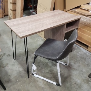 1 X BRAND NEW RUSTIC WOOD FINISH COMPUTER DESK WITH METAL CABINET AND METAL LEGS - INCLUDES 1 CHAIR ( L 110 CM X W 55 CM X H 76 CM )