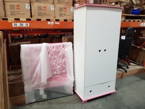 2 X MIXED BRAND NEW FURNITURE LOT CONTAINING 2 DOOR WARDROBLE WITH DRAWER - SIZE H 183CM W 83CM D48CM - 1X PINK SINGLE HEADBOARD -- (NOTE: IT IS NOT POSSIBLE TO PACK THIS ITEM SECURELY FOR HAULIER TRANSPORTATION & WILL NEED TO BE COLLECTED IN PERSON)