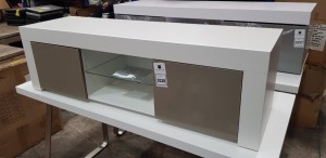 1 X BRAND NEW 2 DOOR 1 GLASS SHELF TV UNIT WITH LED LIGHTING SIZE H 36CM L 120CM W 35CM (NOTE: IT IS NOT POSSIBLE TO PACK THIS ITEM SECURELY FOR HAULIER TRANSPORTATION & WILL NEED TO BE COLLECTED IN PERSON)