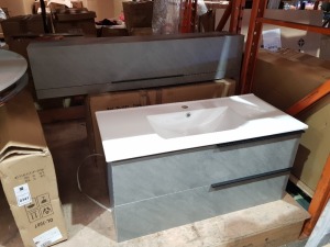 1 X BRAND NEW FITTED BATHROOM VANITY UNIT WITH BASIN IN STONE EFFECT H 50CM L 102CM W 47CM - WITH 1X BRAND NEW WALL CABINET (NOTE: IT IS NOT POSSIBLE TO PACK THIS ITEM SECURELY FOR HAULIER TRANSPORTATION & WILL NEED TO BE COLLECTED IN PERSON)