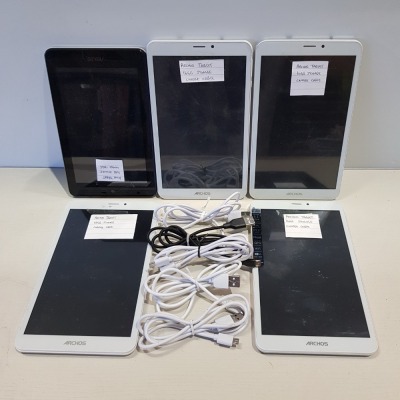 5 X TABLET LOT CONTAINING 1 X ASUS TABLET 16GB STORAGE WITH CHARGER CABLE AND 4 X ARCHOS TABLET 16GB STORAGE WITH CHARGER CABLE