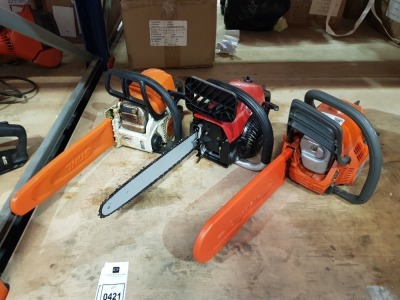 3 X MIXED CHAIN SAW LOT TO INCLUDE 1X STIHL - 1X HUSQVARNA - 1X EINHELL - UNTESTED