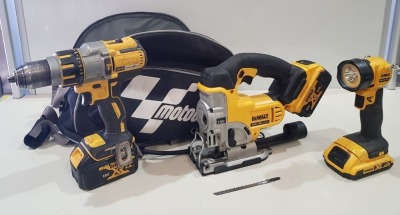 3 X DE WALT LOT TO INCLUDE - 1X DE WALT JIGSAW -1X DEWALT COMBI DRILL 1X DEWALT LED TORCH 1X MOTO GP BAG