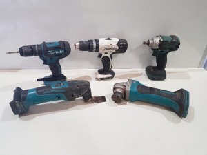 5 X MAKITA TOOL LOT TO INCLUDE - 1X ANGLE GRINDER - 1X MULTI TOOL - 2 COMBI DRILL 1X IMPACT DRILL