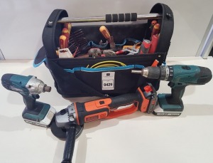 MIXED TOOL LOT TO INCLUDE - MAKITA COMBI DRILL - MAKITA IMPACT SCREWDRIVER - BLACK AND DECKER ANGLE GRINDER - 1X FULL BAG OF TOOLS