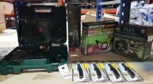 8 X MIXED TOOL LOT TO INCLUDE BOSCH COMBI DRILL - BRAND NEW CROSS LINE LASER - BRAND NEW 400AMP BOOSTER CABLES - BRAND NEW 75FT HOSE PIPE - BRAND NEW CAMILLUS KNIFES ETC