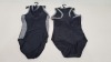 50 X BRAND NEW WORKOUT 1 PIECE SWIMSUITS ZIP UP BACK - IN BLACK AND GREY - IN MIXED SIZES UK 8 / 10 / 12