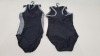 50 X BRAND NEW WORKOUT 1 PIECE SWIMSUITS ZIP UP BACK - IN BLACK AND GREY - IN MIXED SIZES UK 6 / 8 / 12