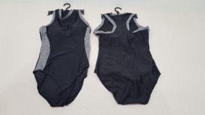 50 X BRAND NEW WORKOUT 1 PIECE SWIMSUITS ZIP UP BACK - IN BLACK AND GREY - IN MIXED SIZES UK 8 / 10 / 12 / 14