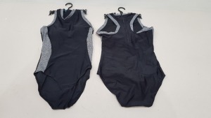 50 X BRAND NEW WORKOUT 1 PIECE SWIMSUITS ZIP UP BACK - IN BLACK AND GREY - IN MIXED SIZES UK 6 / 8 / 12