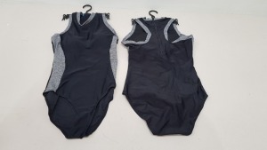 50 X BRAND NEW WORKOUT 1 PIECE SWIMSUITS ZIP UP BACK - IN BLACK AND GREY - IN MIXED SIZES UK 6 / 8 / 10 / 12 / 14