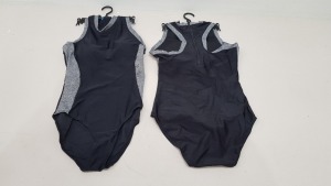 50 X BRAND NEW WORKOUT 1 PIECE SWIMSUITS ZIP UP BACK - IN BLACK AND GREY - IN MIXED SIZES UK 8 / 12 / 14 / 18