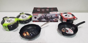 6 PIECE BRAND NEW COOKWARE LOT CONTAINING 1 X TEFAL ESSENTIAL 5 PIECE COOKWARE CONTAINING NON STICK 2 FRYING PANS - 3 POTS SUITABLE FOR GAS / COIL / SOLID ELECTRIC / CERAMIC / HALOGEN - INCLUDES VENTED GLASS LIDS / 1 X SCOVILLE SUPER STRONG NON STI