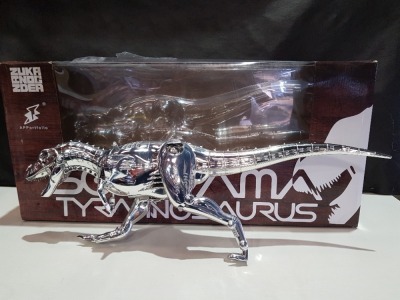 1 X HAJIME SORAYAMA T-REX CYBORG DINOSAUR FIGURE - SILVER - 2020 - 25 INCH LENGTH / 8.5 INCH HEIGHT - IN ORIGINAL BOX ( NOTE - DINOSAUR STAND IS MISSING )