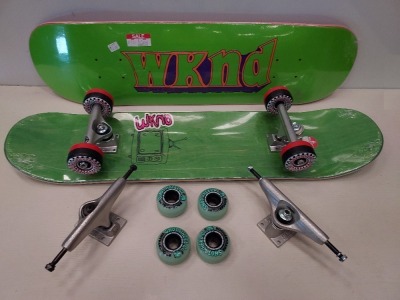 7 X BRAND NEW MIXED SKATEBOARD LOT CONTAINING 2 X WKND DECKS/BOARD 4 X WHEEL TRUCKS WITH WHEELS