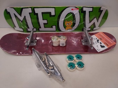 7 X BRAND NEW MIXED SKATEBOARD LOT CONTAINING 2 X MEOW AND ENJOY DECKS/BOARD 4 X WHEEL TRUCKS WITH WHEELS