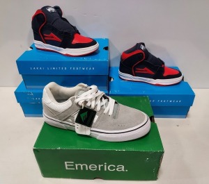 4 X BRAND NEW MIXED SKATEBOARDING SHOES LOT CONTAINING 3 X LAKAI HIGH TOP TRAINERS ( IN SIZES JNR 1 / 3 / 13 ) IN NAVY AND RED AND 1 X EMERICA TRAINERS ( IN SIZES UK 6 ) IN GREY/ WHITE