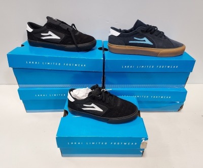 5 X BRAND NEW MIXED BKATEBOARDING SHOE LOT CONTAINING LAKAI CAMBRIDGE BLACK AND BLUE SUEDE TRAINERS ( IN SIZES UK 4 / 7 ) ( JNR UK 13 )