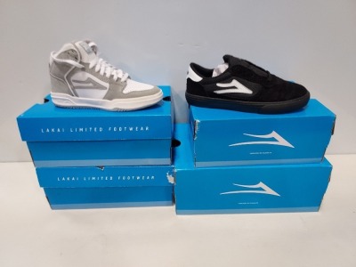 4 X BRAND NEW MIXED SHOE LOT CONTAINING LAKAI CAMBRIDGE IN BLACK/ WHITE IN SIZES ( JNR UK 1 / 4 ) AND TELFORD TRAINERS IN WHITE/ GREY IN SIZES ( JNR UK 1 / 13 )