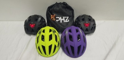 20 X BRAND NEW PHZ BICYCLE HELMET WITH LED LIGHT IN SIZE LARGE IN VARIOUS COLOURS TO INCLUDE GREEN, CARBONFIBRE, BLACK, PURPLE, ETC