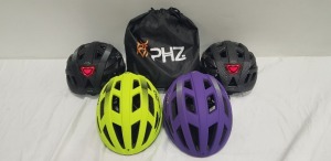 20 X BRAND NEW PHZ BICYCLE HELMET WITH LED LIGHT IN SIZE LARGE IN VARIOUS COLOURS TO INCLUDE GREEN, CARBONFIBRE, BLACK, PURPLE, ETC