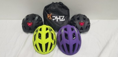 20 X BRAND NEW PHZ BICYCLE HELMET WITH LED LIGHT IN SIZE LARGE IN VARIOUS COLOURS TO INCLUDE GREEN, CARBONFIBRE, BLACK, PURPLE, ETC