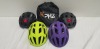 20 X BRAND NEW PHZ BICYCLE HELMET WITH LED LIGHT IN SIZE LARGE IN VARIOUS COLOURS TO INCLUDE GREEN, CARBONFIBRE, BLACK, PURPLE, ETC