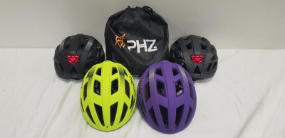 20 X BRAND NEW PHZ BICYCLE HELMET WITH LED LIGHT IN SIZE LARGE IN VARIOUS COLOURS TO INCLUDE GREEN, CARBONFIBRE, BLACK, PURPLE, ETC