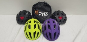 20 X BRAND NEW PHZ BICYCLE HELMET WITH LED LIGHT IN SIZE MEDIUM IN VARIOUS COLOURS TO INCLUDE GREEN, CARBONFIBRE, BLACK, PURPLE, ETC