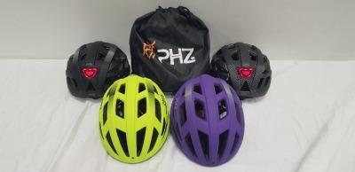 20 X BRAND NEW PHZ BICYCLE HELMET WITH LED LIGHT IN SIZE SMALL AND MEDIUM IN VARIOUS COLOURS TO INCLUDE GREEN, CARBONFIBRE, BLACK, PURPLE, ETC