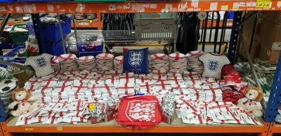 FULL BAY MXED BRAND NEW ENGLAND LOT CONTAINING - GEORGE HOME 3 PLY NAPKINS - ENGLAND PAPER PLATES 23CM - FACE PAINT - GEORGE HOME WORLD CUP BUNTING 7.5M - FIFA WORLD CUP BOONIE HAT, ETC