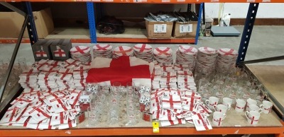 FULL BAY MIXED BRAND NEW ENGLAND LOT CONTAINING LARGE AMOUNT OF PAPER PLATES 23 CM / LARGE AMOUNT OF GEORGE HOME 3 PLY NAPKINS ( PAKS OF 20 ) / ENGLAND TANKARD GLASSES SANTA SUPPORTS / GEORGE HOME FOOTBALL STRING LIGHTS ( INDOOR USE ) / FACE PAINT