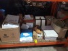 HALF BAY MIXED LOT CONTAINING LARGE AMOUNT OF ENVELOPES WITH CLEAR WINDOW FOR ADDRESSES SMALL AND LARGE / A3 SIZE STANDARD WHITE COPY PAPER / 1 X SITE WORK BOOTS IN BROWN SIZE UK 5 / 2 BOXES OR VARIOUS CABLES ETC