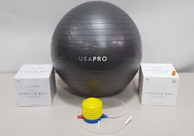 60 X BRAND NEW USA PRO YOGA BALLS IN GREY - INCLUDES PUMP - IN MIXED SIZES TO INLCLUDE 55 CM / 65 CM - IN 5 BOXES