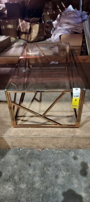 1 X BRAND NEW CALYPSO GOLD COLOURED METAL AND GLASS RECTANGLE COFFEE TABLE ( L 120 X W 60 CM X H 40 CM ) (NOTE: IT IS NOT POSSIBLE TO PACK THIS ITEM SECURELY FOR HAULIER TRANSPORTATION & WILL NEED TO BE COLLECTED IN PERSON)