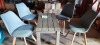 5 X PEICE GARDEN LOT TO INCLUDE 4 X GREY PLASTIC TOP CHAIRS WITH WOODEN LEGS 1 X WOODEN TABLE SIZE 50 CM H X 100CM L X 50CM W