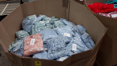 APPROX 270 BRAND NEW CLOTHING LOT CONTAINING TALL JAC JOSSA PLEATED WRAP MIDI DRESSES IN VARIOUS COLOURS AND SIZES IE POWDER BLUE, SAGE GREEN, PEACH IN ONE PALLET BOX