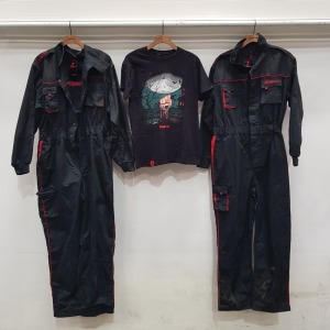 3 X BRAND NEW SNAP ON OVERALLS - IN SIZE M / XL - IN BLACK AND RED AND 1 X BRAND NEW T-SHIRT IN SIZE M