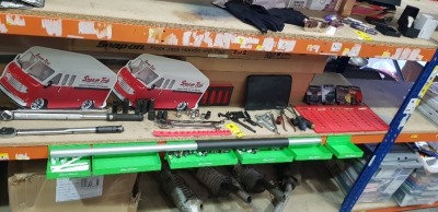FULL SHELF MIXED TOOL LOT CONTAINING SEALEY TORQUE WRENCH / DINABETA TORQUE WRENCH / IMPACT SOCKETS / SNAP ON FLOOR JACK HANDLE WITH PAD / BLUEPOINT MAGNETIC ORGANISERS / SCREDRIVERS / SET OF 4 MEGNETIC POCKET HOLDERS / SCREWDRIVERS / SPANNERS ETC