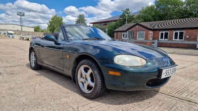 GREEN MAZDA MX-5. Reg : S53 ERR Mileage : 68,950 Details: 2 KEYS, WITH V5. MOT EXPIRED 20TH JUNE 2023 POWER STEERING NOT FULLY OPERATIONAL OIL LEAK DEAD BATTERY BUT WILL JUMP START