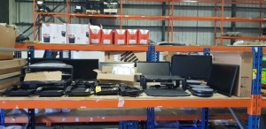 FULL BAY MIXED IT LOT CONTAINING 1 X BRAND NEW HP ( P24H G5 ) MONITOR / 5 X SECOND HAND HP MONITORS / / 10 X IPECS OFFICE PHONES / VARIOUS MONITOR STANDS ETC - ON A FULL BAY