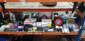 FULL SHELF MIXED STATIONERY LOT CONTAINING MICROSOFT SURFACE PRO/4 TYPE COVER, DREYTECH VIGOR 2860 SECURITY FIRE WALL, USB FAN, 30M CABLE REEL VARIOUS EXTENSION LEADS, MICROSOFT ARC MICE, SANITISING GEL, ETC