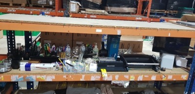 FULL SHELF MIXED STATIONERY LOT CONTAINING PORTAL ZOOM MEETING TABLET, GBC PAPER PUNCH MACHINE, A4 BINDING COMBS, VARIOUS PEN HOLDERS, ETC