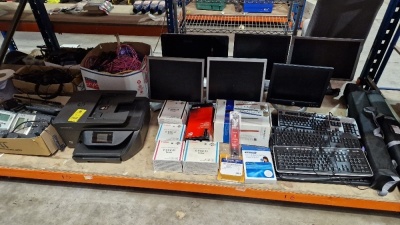 FULL BAY MIXED IT LOT CONTAINING 6 X MONITORS, VARIOUS KEYBOARDS, HP OFFICE JET PRO 6960 PRINTER, OFFICE TELEPHONES, HEADSETS, DISK & LENS CLEANING KIT, PLASTIC COMBS, ETC