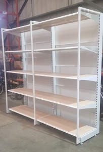 1 X 2 SECTION 5 TIER SHELVING UNIT (3m H x 2.55m W x 0.7m D) (3 UPRIGHT COLUMNS & 10 SHELVES WITH WOOD BOARDS & 3 OUTRIGGES)