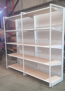 1 X 2 SECTION 5 TIER SHELVING UNIT (3m H x 2.55m W x 0.7m D) (3 UPRIGHT COLUMNS & 10 SHELVES WITH WOOD BOARDS & 3 OUTRIGGES)