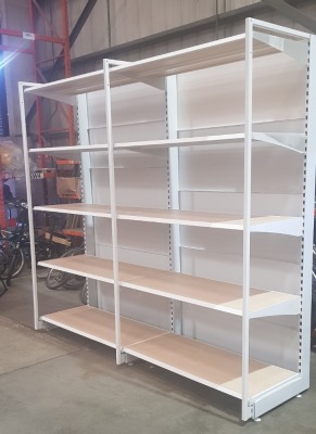 1 X 2 SECTION 5 TIER SHELVING UNIT (3m H x 2.55m W x 0.7m D) (3 UPRIGHT COLUMNS & 10 SHELVES WITH WOOD BOARDS & 3 OUTRIGGES)